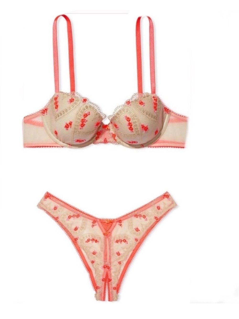 Victoria's Secret Coral-Trim Sheer Embroidered Bra & Thong Set